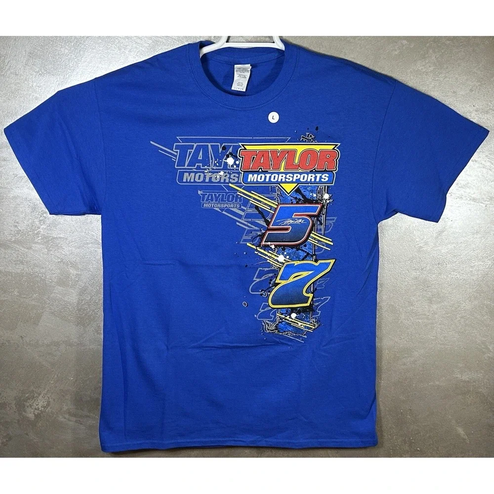 Racing Shirt Mens L Blue Short Sleeve Graphic Print Dirt Track Taylor Motorsport - Picture 2 of 6